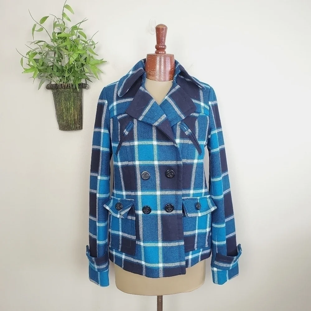 American Eagle Wool Plaid Check Double Breasted Pea Coat Peacoat Jacket AE M Y2K